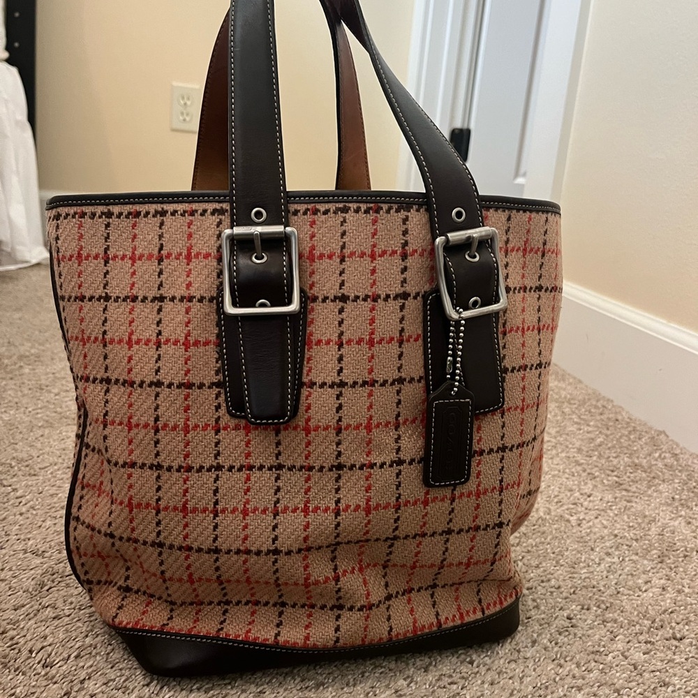 Plaid Coach Tote Bag with Leather Accents